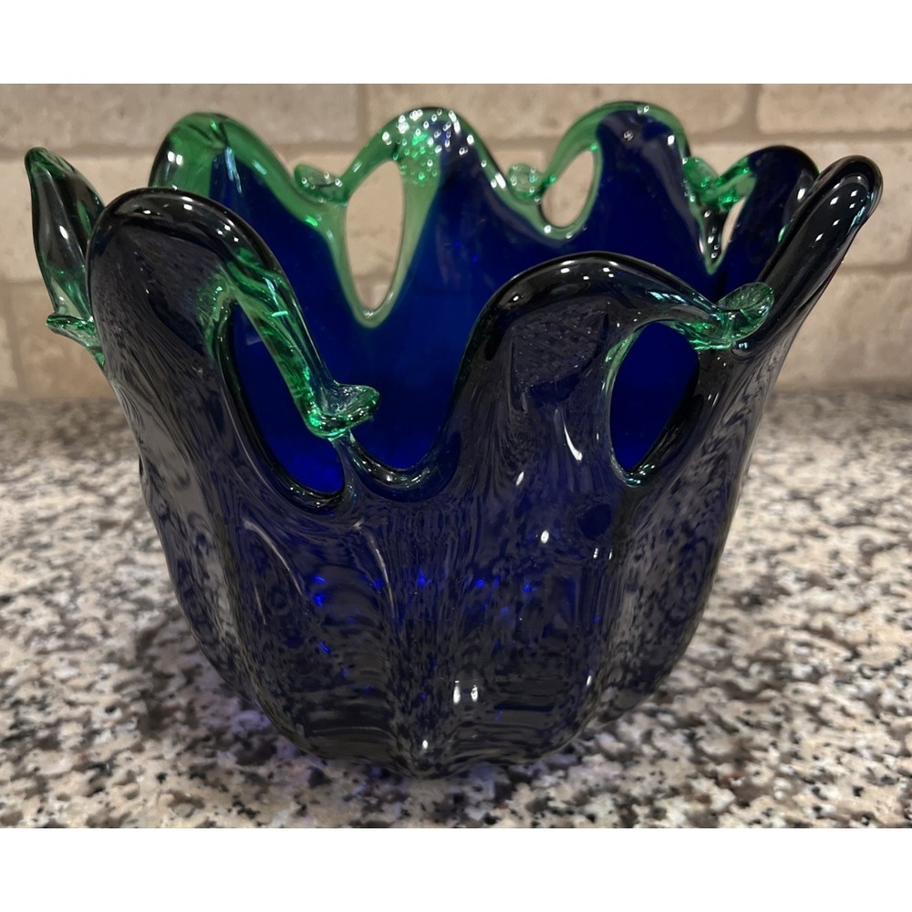 Murano Art Glass Cobalt Blue Green Crystal Centerpiece Bowl Italy Heavy Handmade